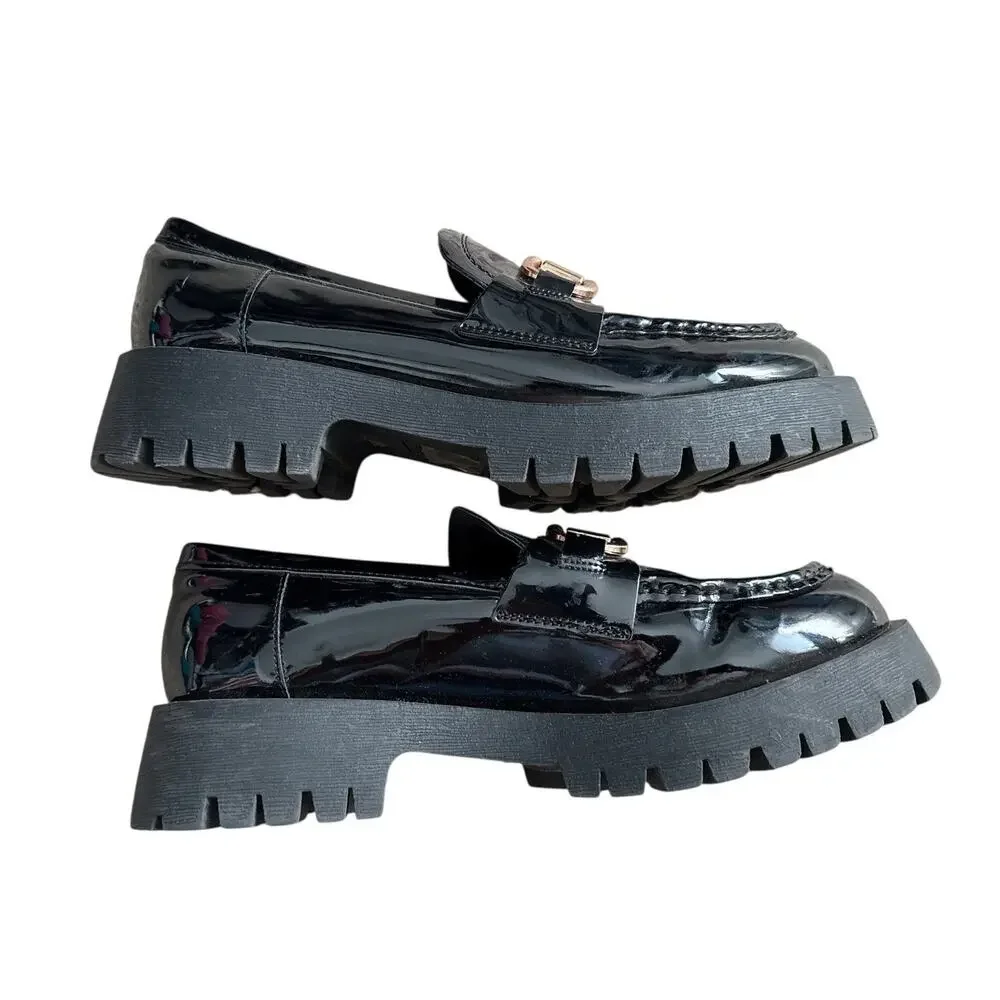 Bamboo Loafers Womens 7.5 Black Patent Horsebit Chunky Lug Platform Shoes